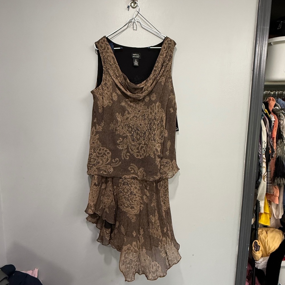 Papell Studio Brown Floral Silk 2 Piece Set Cowl Neck Top Asymmetric Skirt 1X